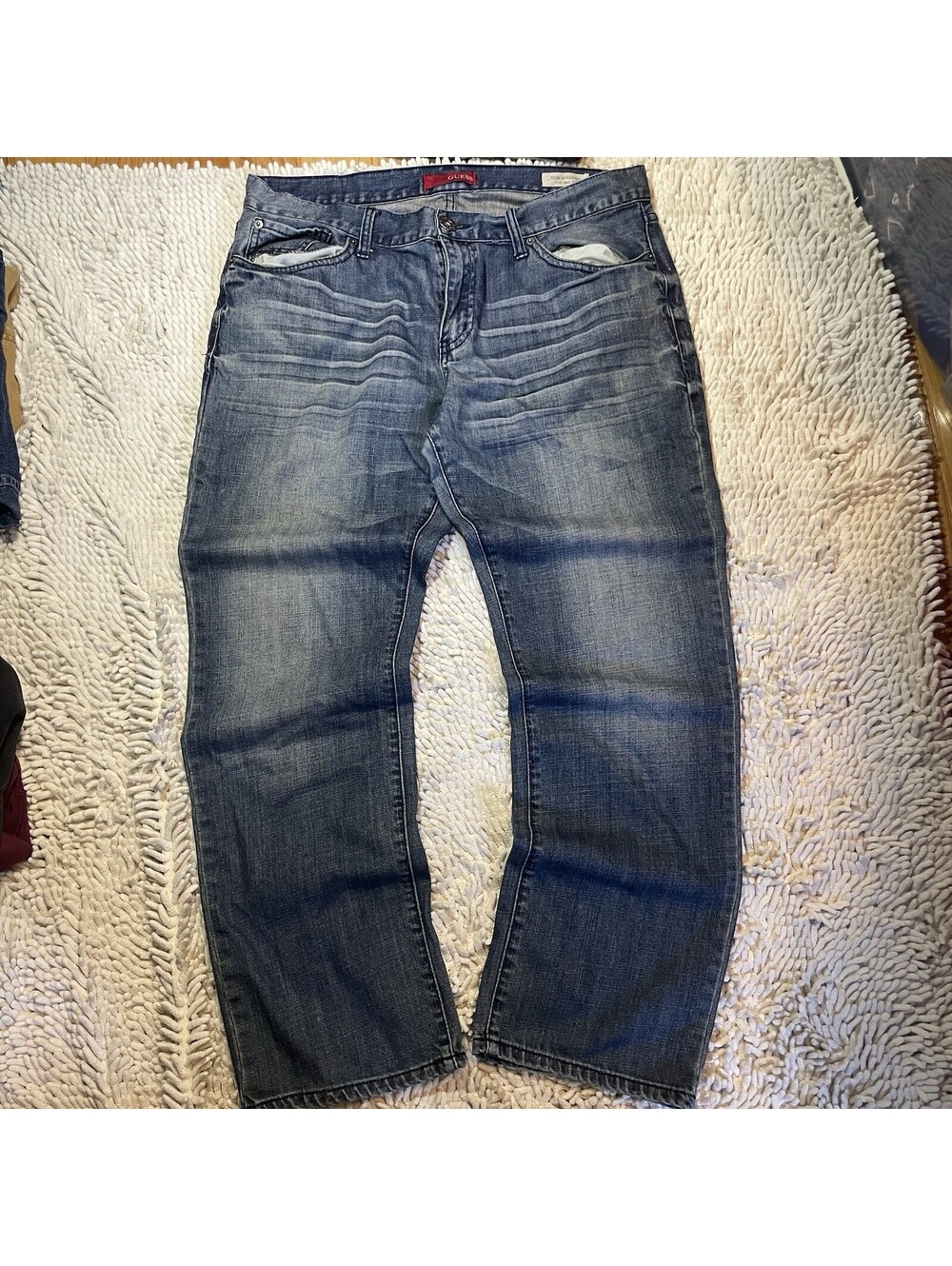Guess Los Angeles Mens Slim Straight Jeans Del Mar Fit Faded Whiskers 36x30